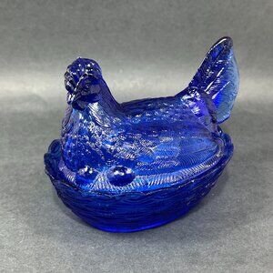 Vtg LG Wright Cobalt Blue Glass Hon Hen on Nest Basketweave Bowl Lid Farmhouse